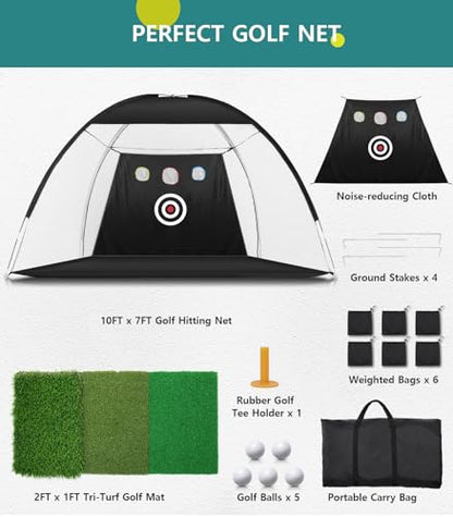 Golf Net: 10x7FT Golf Practice Net for Backyard Driving, Hitting Net with Tri-Turf Mat, Indoor Training Chipping Aid Nets with Reduce Noise Nylon Target, Gifts for Men/Dad/Him