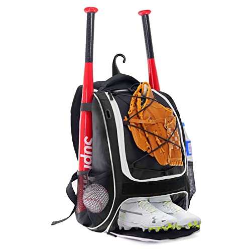 WOLT Youth Baseball Bag - Bat Backpack for Baseball, T-Ball & Softball Equipment & Gear, Bat & Glove Holder, Large Main Compartment for Helmet & accessories, Separate Shoes Compartment, Fence Hook - color: Black