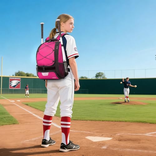DAFISKY Baseball Bag Softball Backpack - Youth Adult T Ball Bat Equipment Bag with Bat Helmet Holders, Shoe Compartment - color: Pink