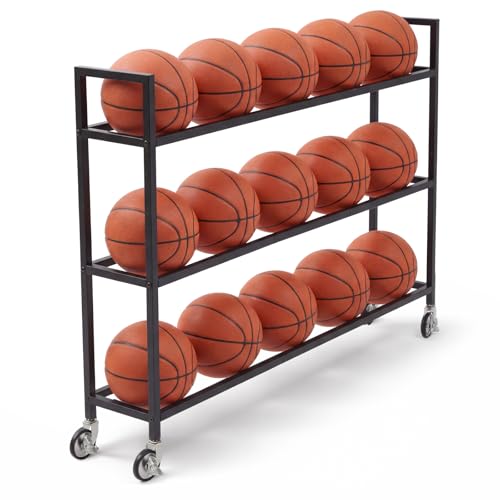 Colingmill Heavy Duty Basketball Rack with Wheels, Multi-Tier Rolling Ball Storage Cart, Sports Equipment Organizer for School, Gym, Club Shoot Training