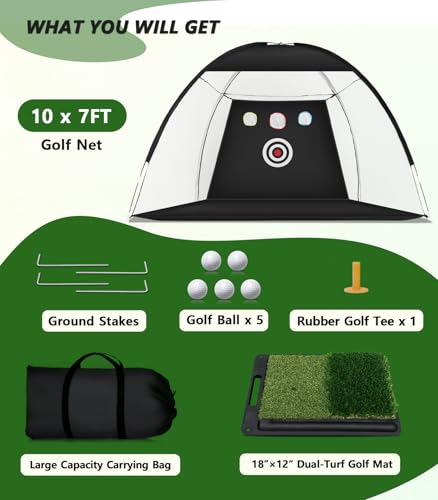 Golf Net: 10 x 7FT Practice Net with Mat for Chipping, Swing, Driving Practice, Nets for Backyard, Indoor & Outdoor Use, Ideal Golf Accessories Gifts for Men, Women, dad, Husbands, and Golfers.