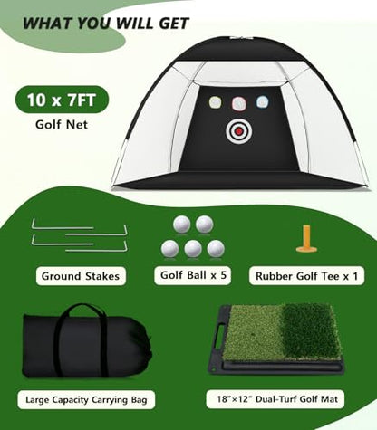 Golf Net: 10 x 7FT Practice Net with Mat for Chipping, Swing, Driving Practice, Nets for Backyard, Indoor & Outdoor Use, Ideal Golf Accessories Gifts for Men, Women, dad, Husbands, and Golfers.