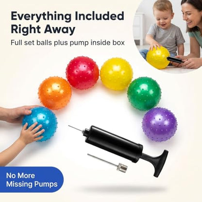 Bedwina Knobby Balls - Bulk 7 Inch Sensory and Spiky Massage Stress Balls for Toddlers, with Pump, Fun & Bouncy for Toddler, Kids Party Favors, Stocking Stuffers - style: 6-Pcs