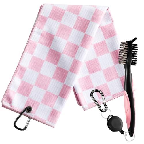 Liliful Woman Golf Accessories Kit Include 19.69 x 15.75 Inches Microfiber Waffle Golf Towel and Club Groove Cleaner Brush for Woman Gifts - color: Pink Checked