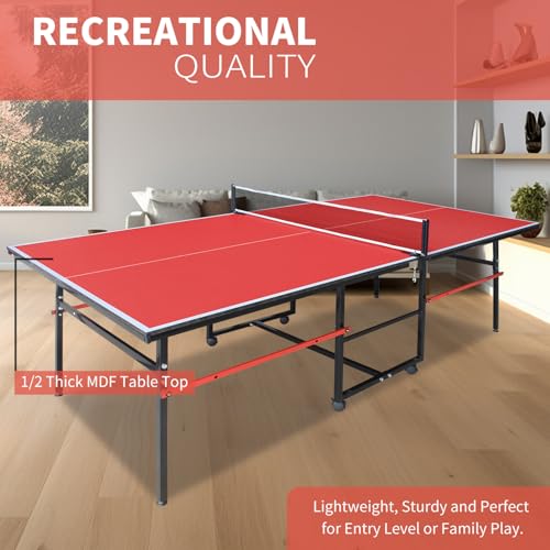 IUNNDS Portable Table Tennis Table 6/8/8.5/9FT Foldable Ping Pong Game Set for Indoor with Net and Post Set, 2 Paddles and 3 Balls - color: Red-8FT