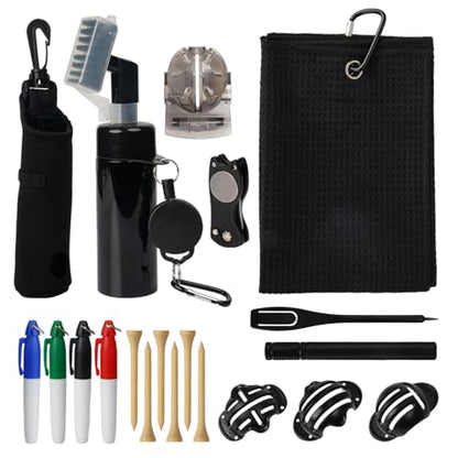 20PCS Golf Accessories Kit with Golf Club Cleaner Brush,Divot Tool and Ball Marker,Groove Sharpener,Golf Tees, Ball Bag&Towel with Hook,Golf Essentials Kit Gift for Men/Women(20, Black)