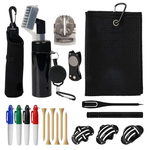 20PCS Golf Accessories Kit with Golf Club Cleaner Brush,Divot Tool and Ball Marker,Groove Sharpener,Golf Tees, Ball Bag&Towel with Hook,Golf Essentials Kit Gift for Men/Women(20, Black)