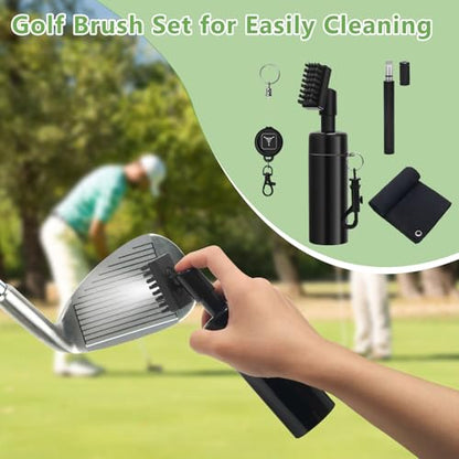 4PCS Golf Club Cleaner Brush, Golf Club Brush Groove Cleaner with 4 Ounces Squeeze Bottle and Bristles/Groove Sharpener/Towel/Retractable Key-Ring for Cleaning