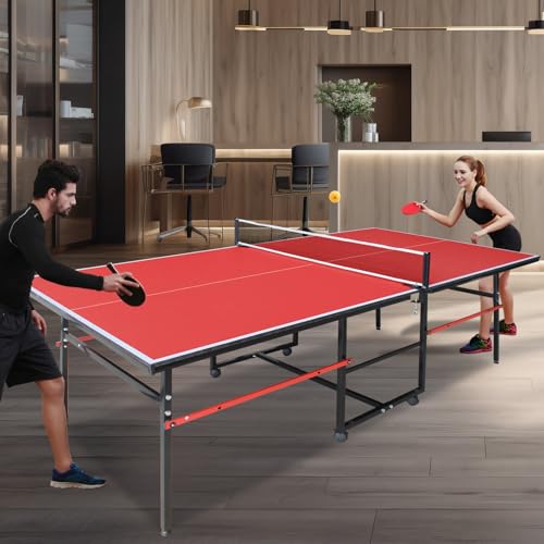 8FT Outdoor Ping Pong Table, Foldable & Portable Table Tennis Set with Net, 2 Paddles & 3 Balls, Game Table with Single Player Playback Mode - color: Red