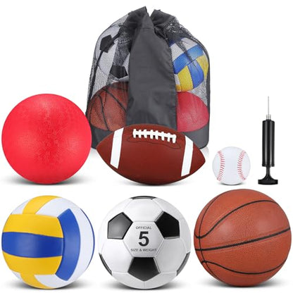 Libima 6 Pcs Multi Sport Ball Set Official Size Football Basketball Soccer Volleyball Playground Ball Baseball with Outdoor Sports Equipment Bag Pump Back to School Sports Gift