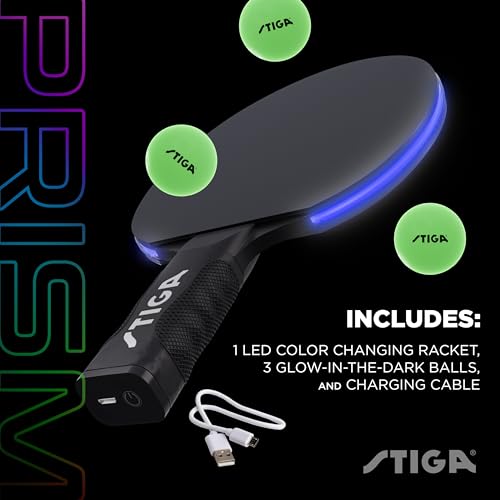STIGA Prism LED Ping Pong Paddle - 5 LED Color Cycles - Color Gradient Mode - Includes 3 Glow-in-The-Dark Balls - 1.5mm Sponge with Smooth Rubber - Silicone Grip for Max Control
