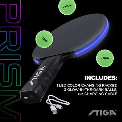 STIGA Prism LED Ping Pong Paddle - 5 LED Color Cycles - Color Gradient Mode - Includes 3 Glow-in-The-Dark Balls - 1.5mm Sponge with Smooth Rubber - Silicone Grip for Max Control