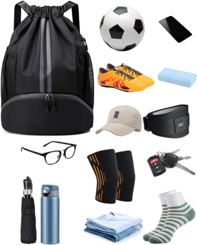 BROTOU Soccer Bags, Football Backpack, Volleyball Bag, Drawstring Backpack with Ball and Shoe Compartment, Football bags for Equipment Swim Gym Bag - color: Black