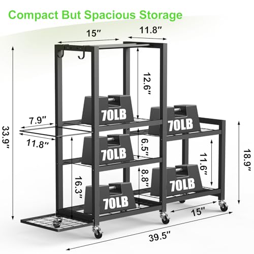 6-Tier Multi-Functional Home Gym Storage Rack with Wheels and Hooks, Adjustable Weight Rack for Dumbbells Kettlebells Yoga Mat and Balls, Space Saving Workout Equipment Storage Organizer