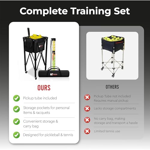 [2-in-1 Set] Tennis & Pickleball Hopper with Pickup Tube – Pickleball Caddy with Collapsible Metal Frame Ball Basket and Wheels & Carry Case – 120 Tennis Balls or 100 Pickleball Ball Holder (Pin)