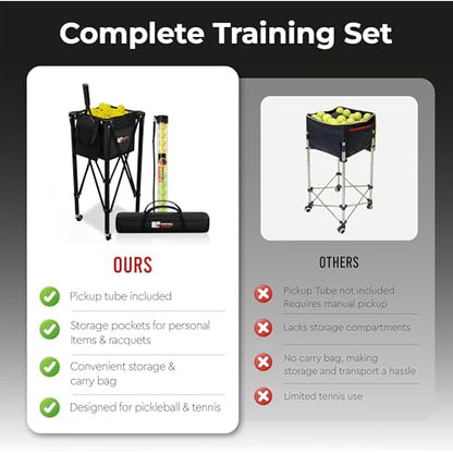 [2-in-1 Set] Tennis & Pickleball Hopper with Pickup Tube – Pickleball Caddy with Collapsible Metal Frame Ball Basket and Wheels & Carry Case – 120 Tennis Balls or 100 Pickleball Ball Holder (Pin)
