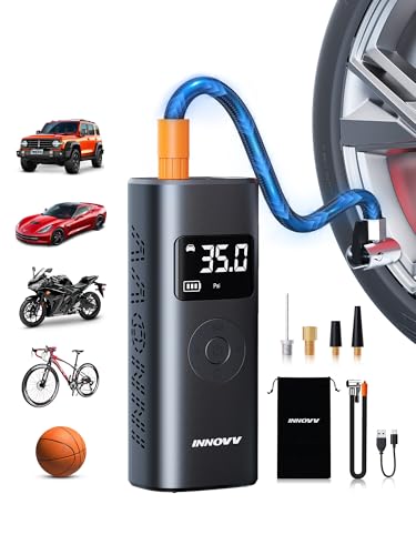 INNOVV P1 Aluminum Portable Tire Inflator, 150PSI, 3X Faster Cordless Air Compressor, Auto-Shutoff Electric Tire Pump with Digital Pressure Gauge & LED Light for Car, Motorcycle, Bike, Balls
