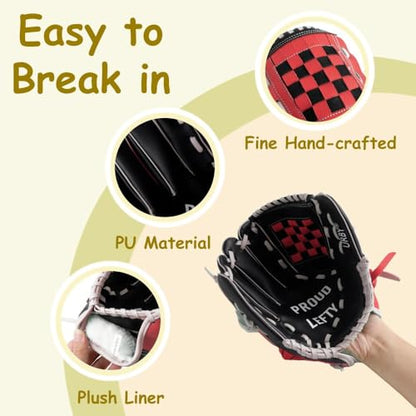 Urby Left Handed Baseball Glove, Left Handed T Ball Glove for Lefty, Left Hand Throw Only. T-Ball & Youth Baseball Gloves. - color: Black & Red, size: 11.5in Age 7-11