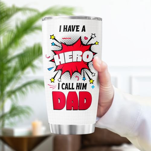 Hero Dad Gift Tumbler for Father's Day, 20oz Stainless Steel Insulated Cup with Superhero Comic Design, Vacuum Double Wall Travel Mug for Dad from Son or Daughter - color: Dad Appreciation A1