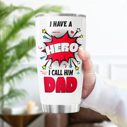Hero Dad Gift Tumbler for Father's Day, 20oz Stainless Steel Insulated Cup with Superhero Comic Design, Vacuum Double Wall Travel Mug for Dad from Son or Daughter - color: Dad Appreciation A1