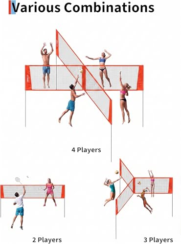 4 Square Volleyball Net Set with 3 Adjustable Heights, 14FT Cross PE System, Use in Backyard or Beach, Includes Ball, Pump, Carry Bag, Hammer, Outdoor Team Games, Black/Red