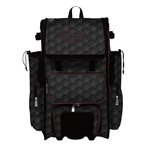 Boombah Rolling Superpack 2.0 3DHC Baseball/Softball Gear Bag - 23-1/2" x 13-1/2" x 9-1/2" - Multiple Colors - Telescopic Handle and Holds 4 Bats - Wheeled Version - color: Black/Maroon