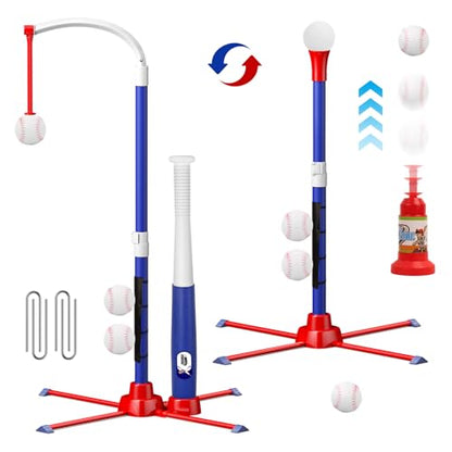 3-in-1 T Ball Set for Kids 3-5, Adjustable Baseball Tee with Auto Ball Launcher, Hanging Stand & 4 Balls, Indoor/Outdoor Sports Toys Gifts for Boys Girls Ages 5-8