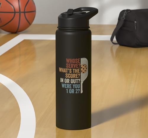 Whose Serve What's the Score Funny Pickleball Questions Stainless Steel Insulated Water Bottle - color: Black