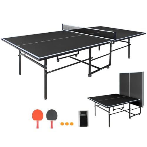 Ping Pong Table Foldable & Portable 6/8/9FT Table Tennis Table Set for Indoor & Outdoor Games with Net & Post, 2 Table Tennis Paddles and 3 Balls - color: Black-9x4.1FT