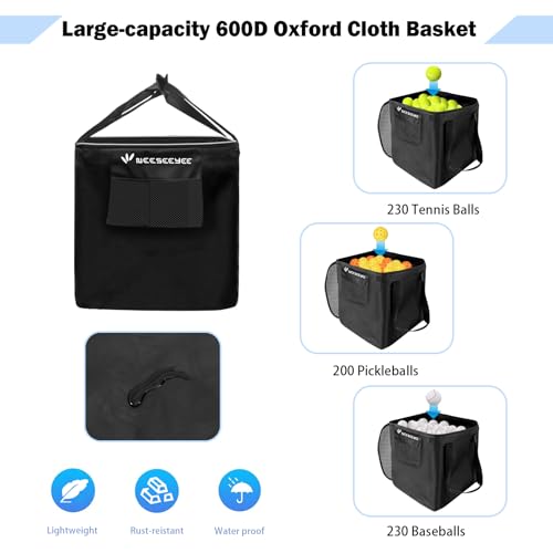 Sturdy Pickleball Tennis Ball Hopper - Foldable Lightweight Tennis Cart Holds 240 Tennis/180 Pickleballs with Removable Bag, Wheels, Side Pocket for Training/Teaching