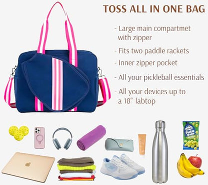 Pickleball Sports Tote Bag with Racket Holder, Neoprene, Adjustable Shoulder Strap - color: Navy Blue