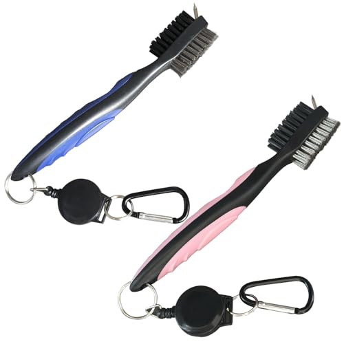 2 Pack Golf Club Brush and Club Groove Cleaning Brush Nylon Steel Wire Double-Sided Golf Cleaning Brush, This is a Must-Have Golf Accessory for Golf Enthusiasts (Pink+Blue)