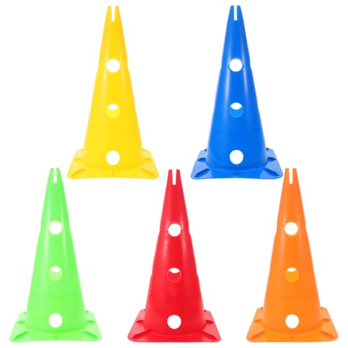 FRCOLOR 5pcs Sports Training Cones for Soccer Basketball Football Agility Drills 38cm Square Base with Holes Sturdy Plastic Field Markers for Youth Coaching and Outdoor Practice