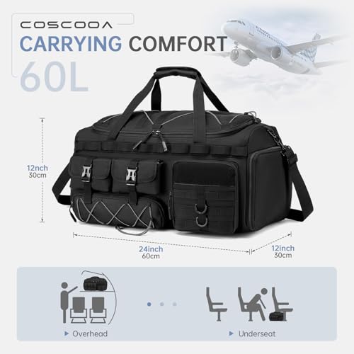 Gym Bags for Men with Shoe Compartment 60L Tactical Duffle Bag 3 in 1 Carry on Duffel Bag Travel Backpack Weekender Overnight Range Bag for Workout Football, Black