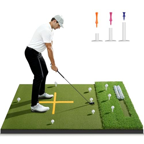 5.2x4ft & 6x4ft 21mm-50mm Dual-Turf Golf Mat with Ball Tray, Thickened Golf Hitting Mat with 9 Hitting Holes, Alignment Aid Practice Mat for Hitting, Driving Chipping, Swinging, Gifts for Men/Dad/Him - size: 62.4"x48"x2"