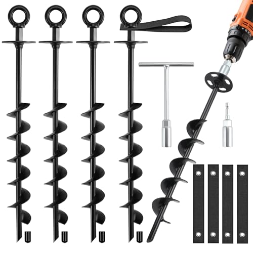 Ground Anchors Screw in - Heavy Duty Trampoline Anchors/Stakes for High Wind, 4 Pack Earth Anchor Kit with Straps and Wrenches for Swing Set, Trampolines, Shed, Mobile Home, Carport, Gazebo