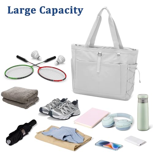 Tennis Gym Bag for Women, Tennis Tote Bag with Shoe Compartment & Wet Pocket, Tennis Racket Bag Holds 2-4 Rackets, Weekend Bag with Laptop Compartment for Men & Women - color: Grey
