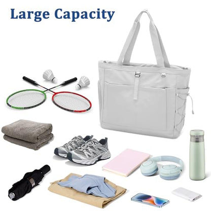 Tennis Gym Bag for Women, Tennis Tote Bag with Shoe Compartment & Wet Pocket, Tennis Racket Bag Holds 2-4 Rackets, Weekend Bag with Laptop Compartment for Men & Women - color: Grey