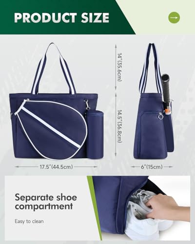Tennis Bag for Women Men Tote Bag with Shoe Compartment & Wet Pocket, Fits 2 Rackets & 15.6” Laptop, Durable Sports Gym Overnight Weekender Bag with Fence Hook - color: Navy