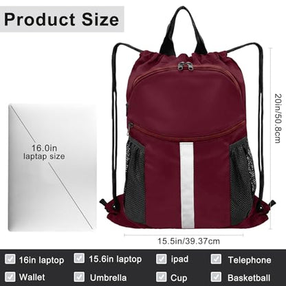 Drawstring Backpack with Shoes Bag Waterproof String Beach Bag for Sports Gym Swim（Red） - color: Red