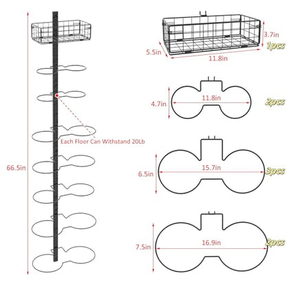 8 Tier Detachable Wall Mounted Basketball Rack,Vertical/Horizontal Football Holder,Holds 14 Balls DIY1/2/3/4 Soccer Stand,Height-Adjustable Ball Rack with Basket for Garage,Tool Room