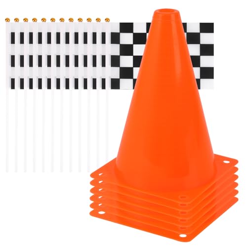 Mini Traffic Cones（With Hole on Top）with Racing Checkered Flags, Sports Safety Cones for Soccer Cones and Basketball Practice Equipment - Mini Orange Cones for Soccer Practice and Small Driving Practice Cones.Race Car Birthday Party Supplies, Kids Gift. (