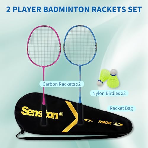 Senston Lightweight Beginner Badminton Set with 2 Rackets, 2 Shuttlecocks, Carry Bag - color: Blue and White