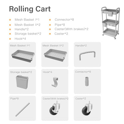 3 Tier Rolling Utility Cart with Handle,REBECAT Utility Cart Made of Multifunctional Storage Organizer Tool for Kitchen,Bathroom,Living Room,Office(Gray) - color: Gery