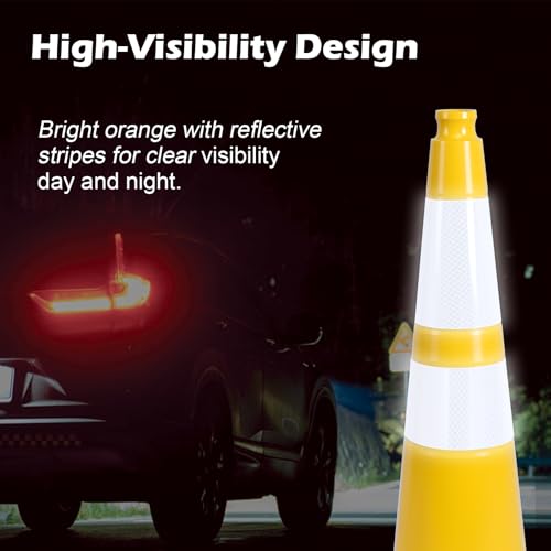 4 Pack 28 Inch Yellow PVC Traffic Cones Black Base Stable Flexible, Road Safety Construction Zone Crowd Control Parking Safety Cones (4, Yellow, 28 Inch) - color: Yellow, size: 28 Inch