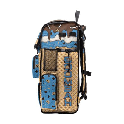 Boombah Superpack Bat Bag - Backpack Version (no wheels) - Holds 4 Bats - Ice Cream Monster Cookie Gold/Columbia Blue/Brown