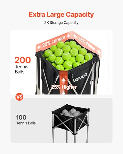 VEVOR Tennis & Pickleball Hopper Holds 200/175/150/120 Balls, 3-in-1 Tennis Foldable Pickleball Basket Cart for Easy Installation, Storage Bag for Tennis Training & Teaching - style: 200 Balls