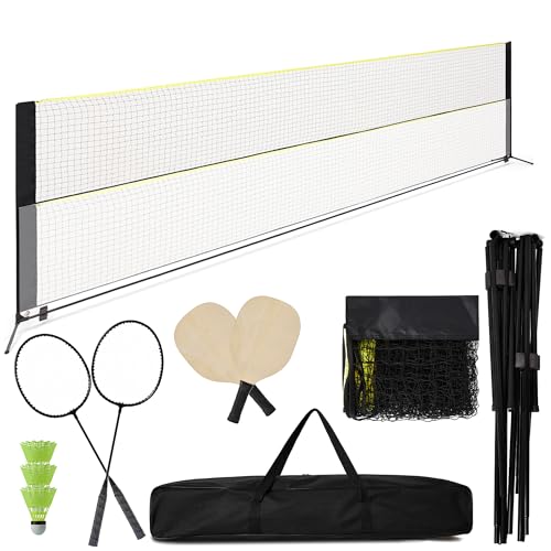 16.8FT Portable Badminton Net with Carry Bag, Height Adjustable Volleyball Net 3.5-5Ft, Complete Pickleball Set with Badminton Rackets, Shuttlecocks, Pickleball Paddles, for Indoor Outdoor Use