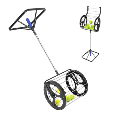 Automatic Tennis Ball Picker, 80 Balls Capacity, 2 in 1 Tennis Collector Basket with Adjustable Height, Rolling Ball Catcher with Handle, Portable Hopper for Gym Court, Club, School