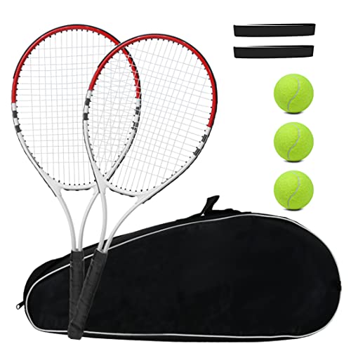 Tennis Racket Pre-Strung Lightweight 27 Inch Racquet Recreational Adult Rackets for Men Women Students Training Tennis Starter Kit with Balls,Carry Bag and Overgrips - color: Red/White - 2 Rackets